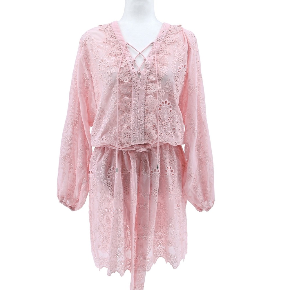 White House Black Market Pink Eyelet Lace-Up Mini Dress Barbiecore Boho Coquette